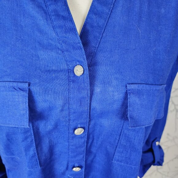 Alia Royal Blue Linen Cotton Button Front Western Style Blouse - Picture 2 of 7